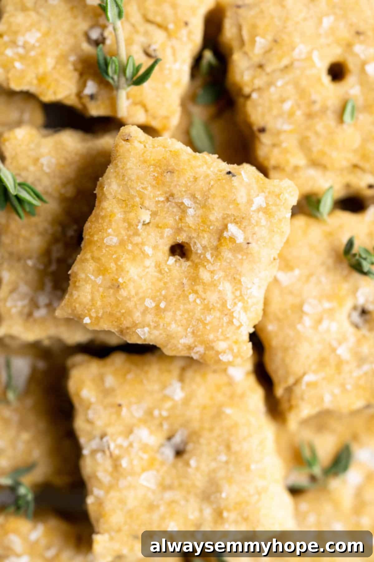 These vegan Cheez-Its are crispy, crunchy, snackable, and super cheesy! Make your own homemade vegan cheese crackers in just 30 minutes. Closeup of vegan cheez-its with sea salt and rosemary