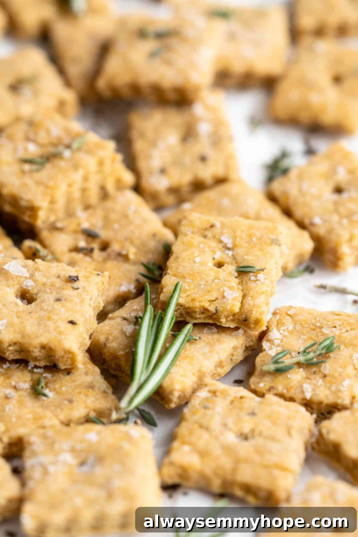 These vegan Cheez-Its are crispy, crunchy, snackable, and super cheesy! Make your own homemade vegan cheese crackers in just 30 minutes. Vegan cheez-its on parchment paper with rosemary