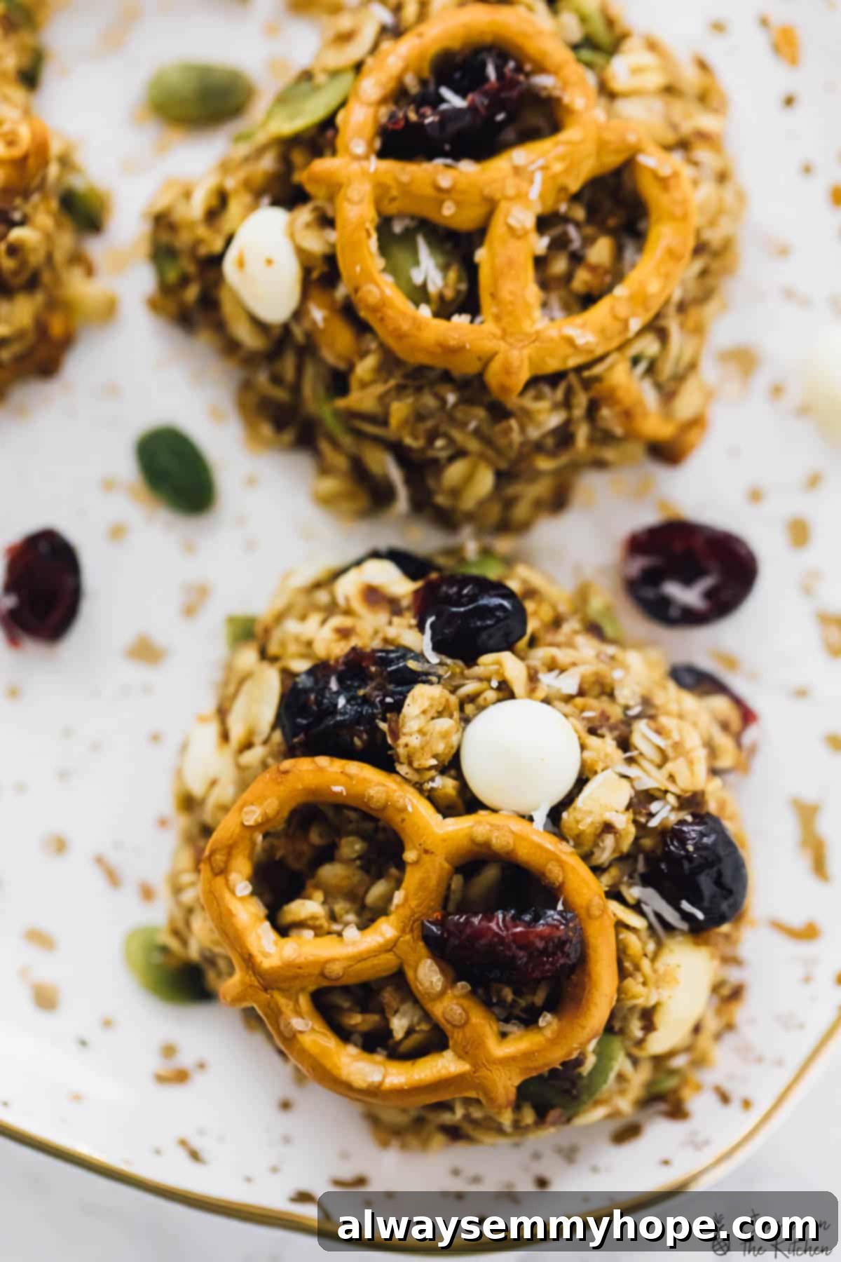 Chewy peanut butter banana oatmeal cookies are perfect for breakfast, snacks, and anytime you need a little boost in your day. So easy too! Two peanut butter banana oatmeal cookies on plate