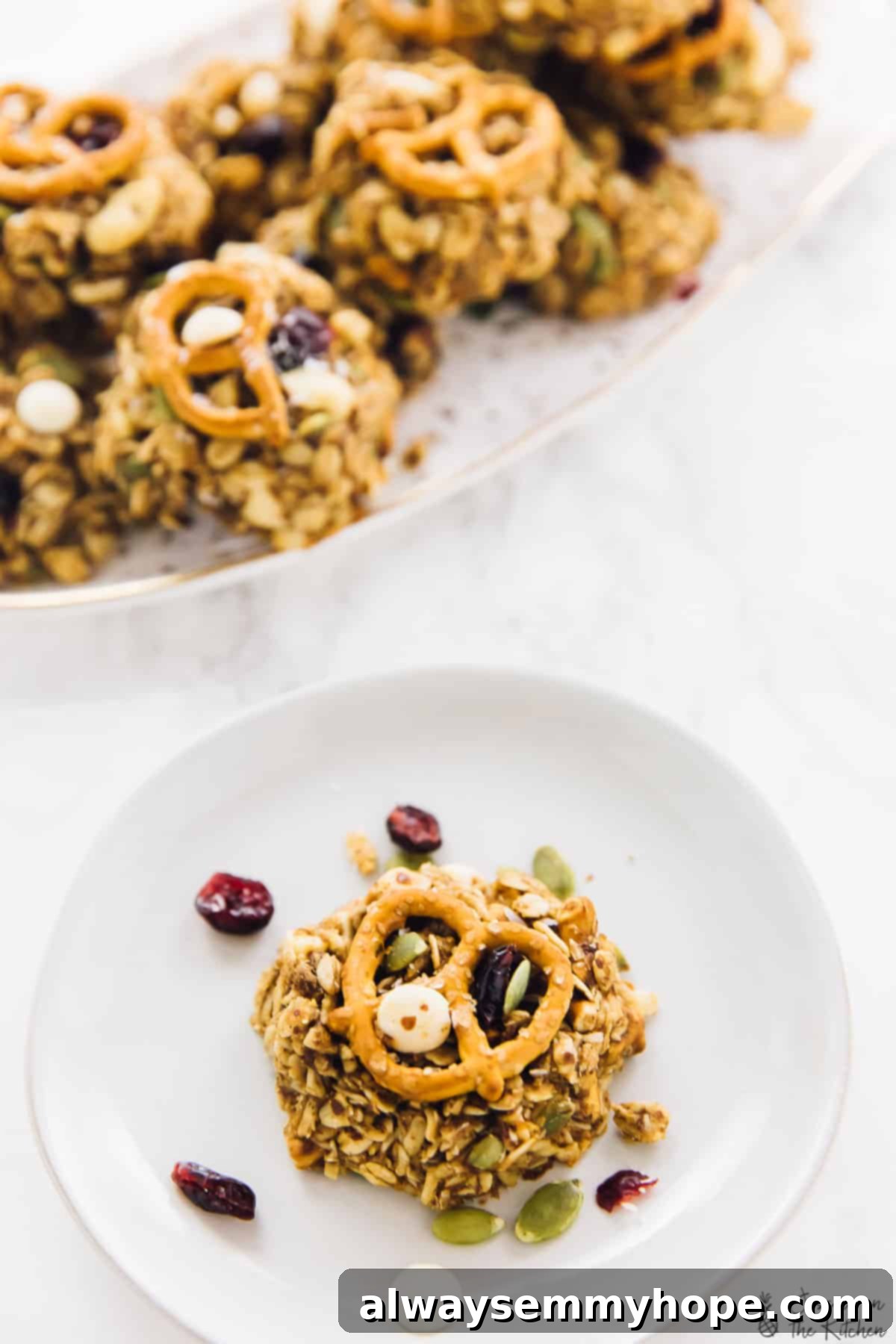 Chewy peanut butter banana oatmeal cookies are perfect for breakfast, snacks, and anytime you need a little boost in your day. So easy too! Plate with peanut butter banana oatmeal cookie, with remaining cookies in background