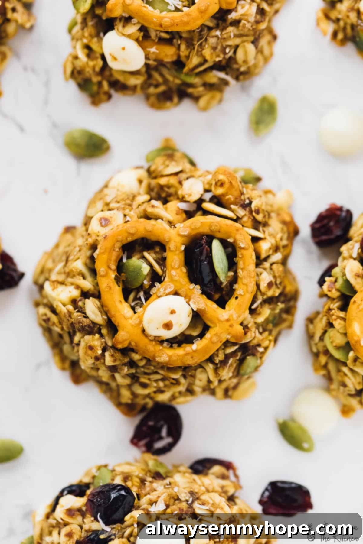 Chewy peanut butter banana oatmeal cookies are perfect for breakfast, snacks, and anytime you need a little boost in your day. So easy too! Overhead view of peanut butter banana oatmeal cookie