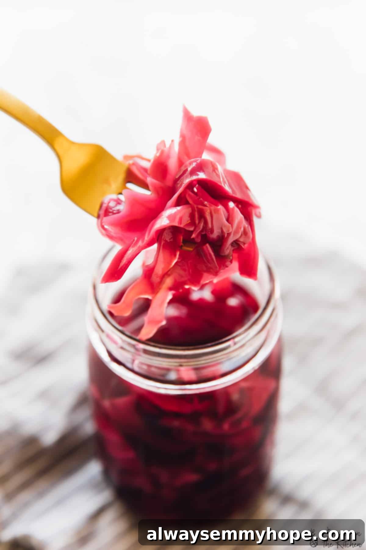 The Ultimate Quick Pickling Guide Cabbage & Every Vegetable 2 Vibrant purple quick pickled cabbage held up by a fork, with a jar full of more pickled cabbage in the background.