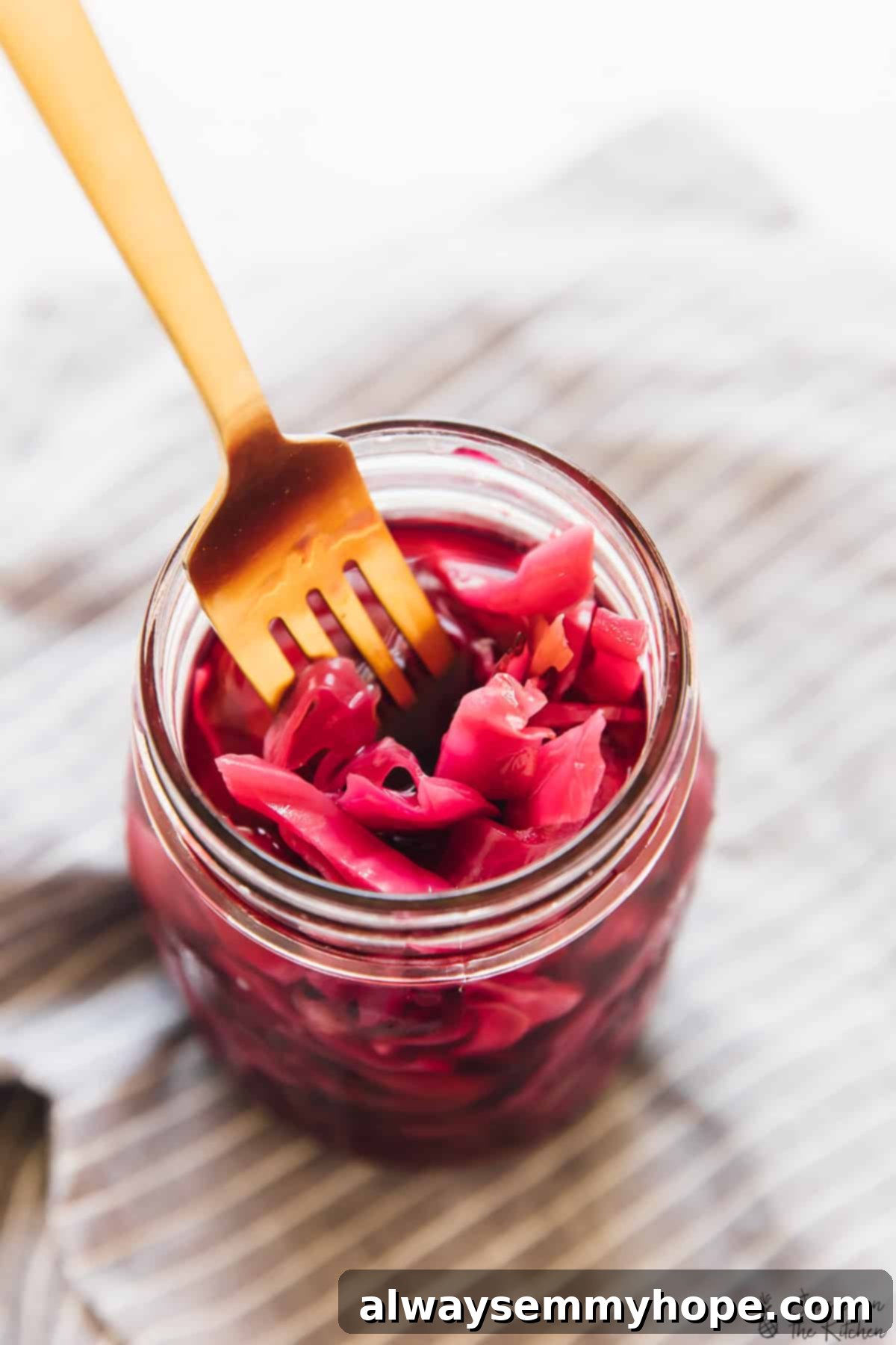 The Ultimate Quick Pickling Guide Cabbage & Every Vegetable 3 A close-up of a fork immersed in purple quick pickled cabbage within a glass jar, showcasing its vibrant color.