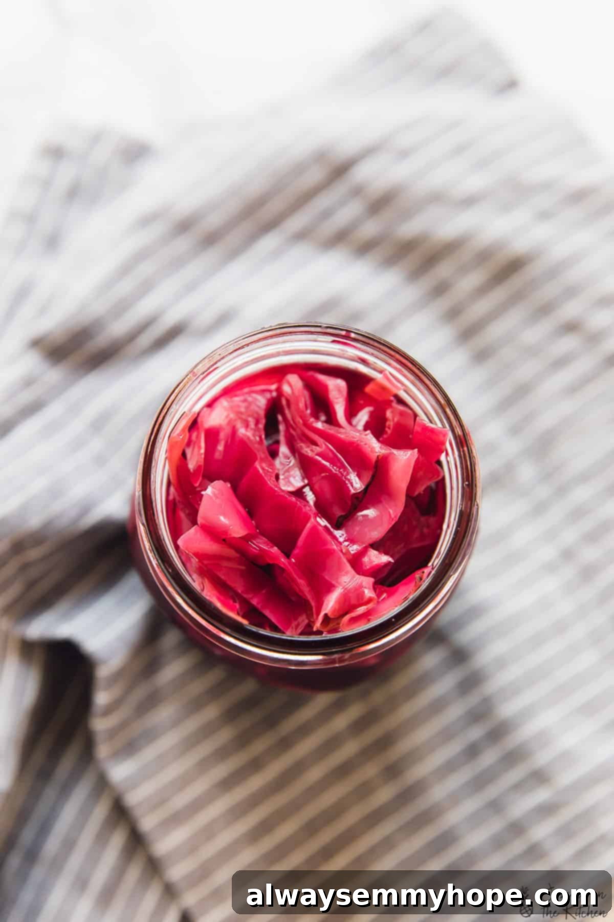 The Ultimate Quick Pickling Guide Cabbage & Every Vegetable 4 Overhead view of purple quick pickled cabbage in a clear glass jar, ready to be served.