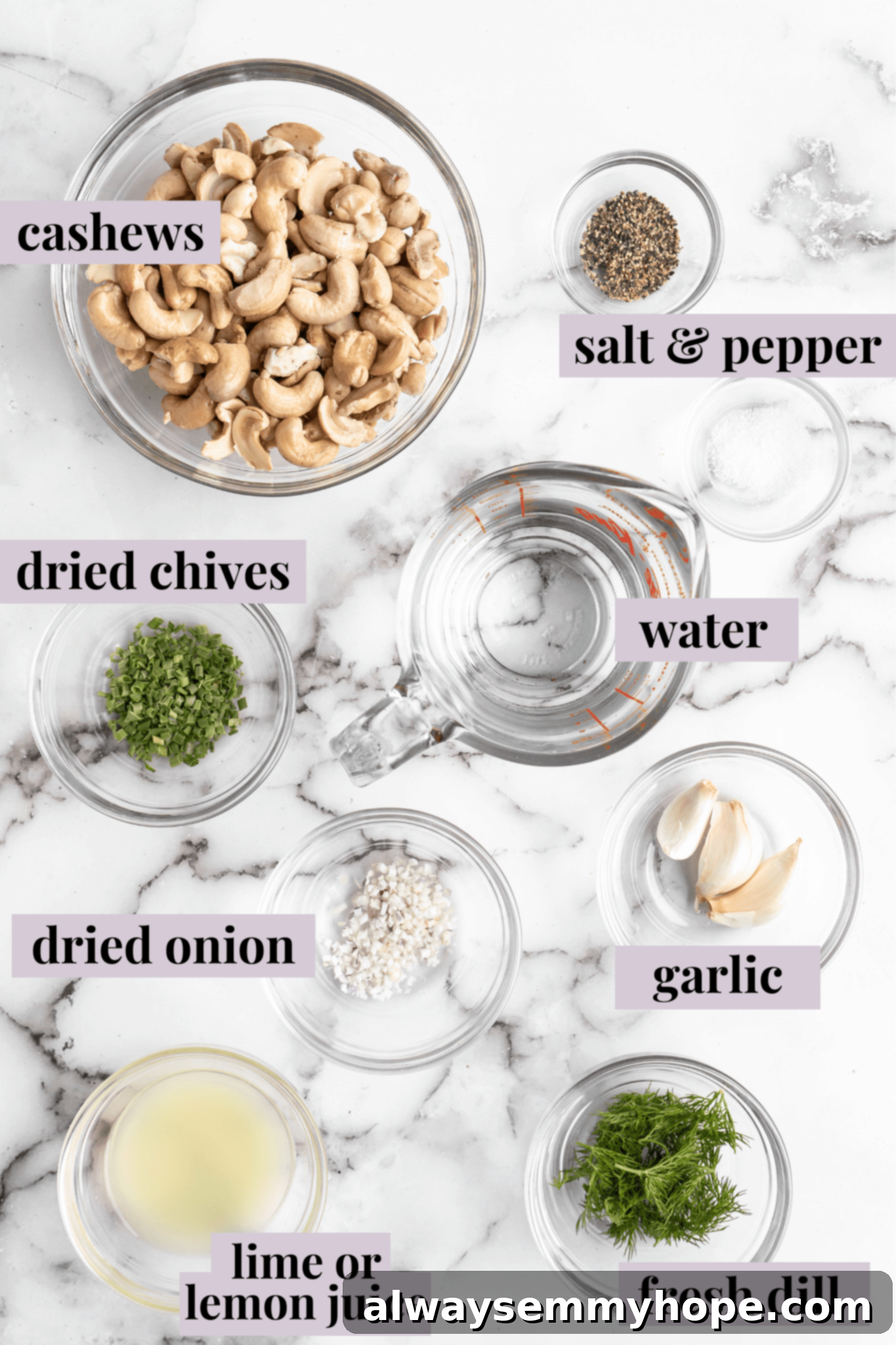 Overhead view of ingredients for vegan ranch dressing with labels