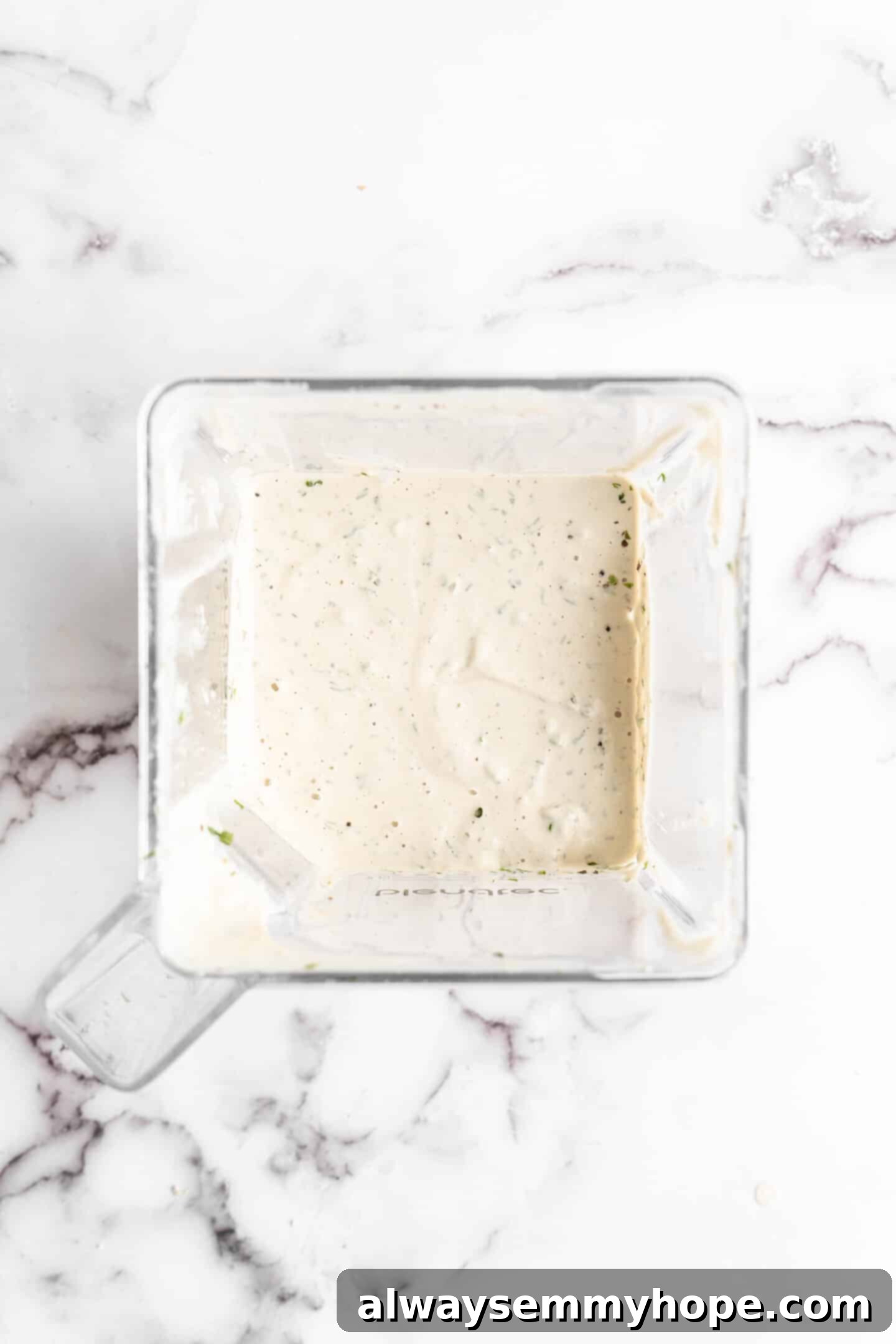 Overhead view of vegan ranch dressing in blender jar