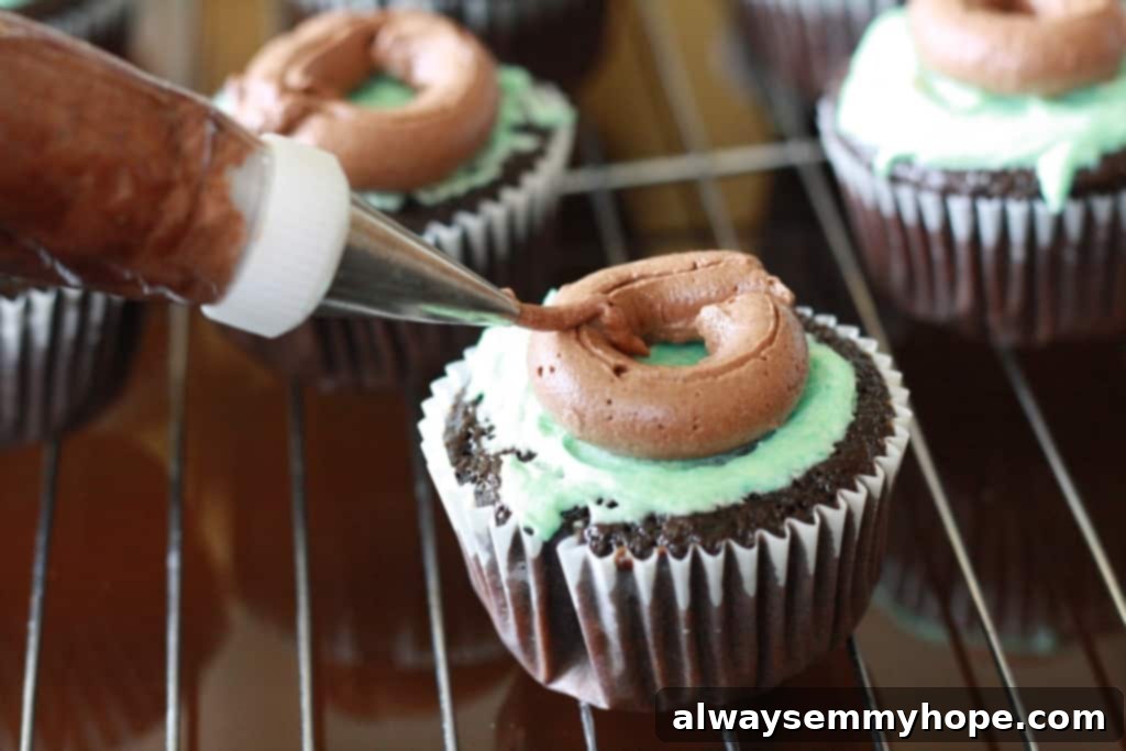 Cute Bird's Nest Easter Cupcakes. Easy to make and fun to eat, with chocolate Easter eggs to set them off. Piping a thin, delicate line of chocolate icing onto a cupcake to create a twig-like texture for the bird's nest.