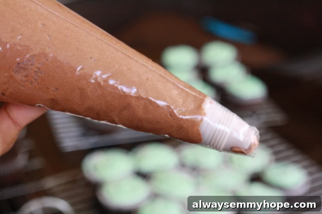 Cute Bird's Nest Easter Cupcakes. Easy to make and fun to eat, with chocolate Easter eggs to set them off. Piping bag filled with frosting, secured with a rubber band.