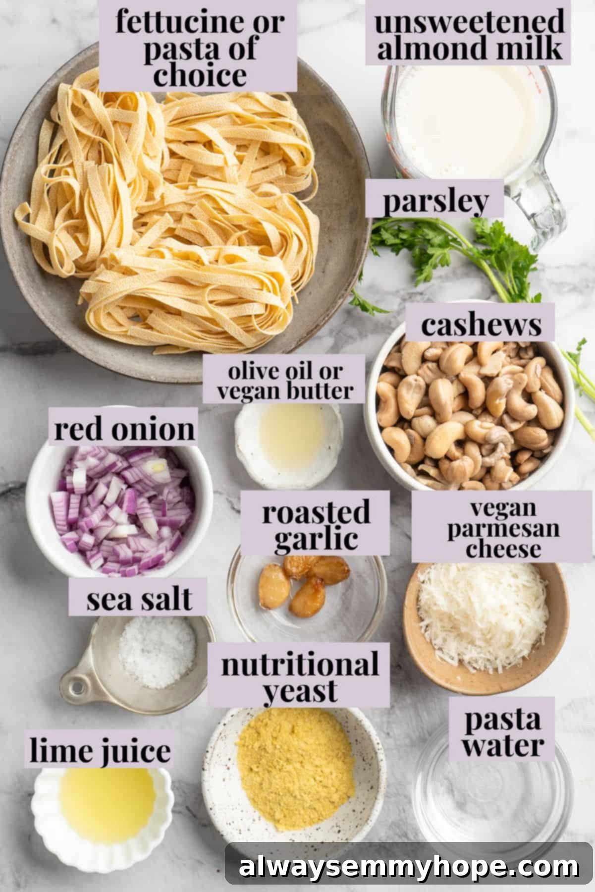 Overhead view of fresh ingredients for vegan garlic Alfredo pasta laid out on a marble surface.
