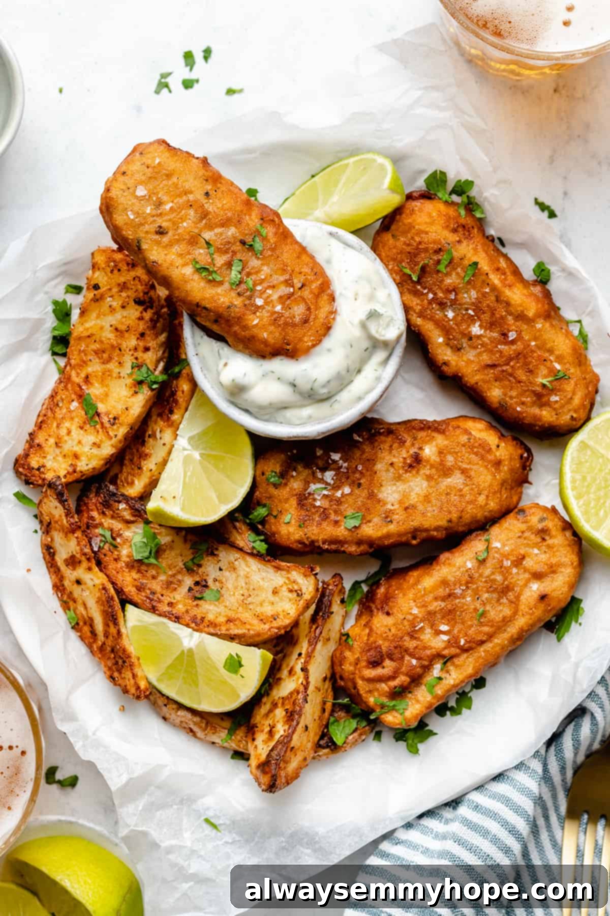 Overhead view of crispy vegan fish sticks on a parchment-lined plate, with one stick being dipped into creamy tartar sauce.