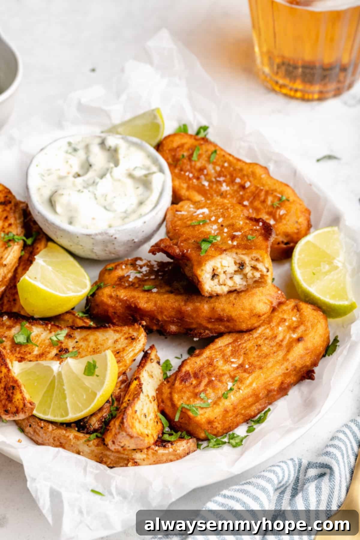 Crispy vegan fish sticks artfully arranged on a parchment-lined plate with fresh lime wedges and a bowl of tartar sauce.
