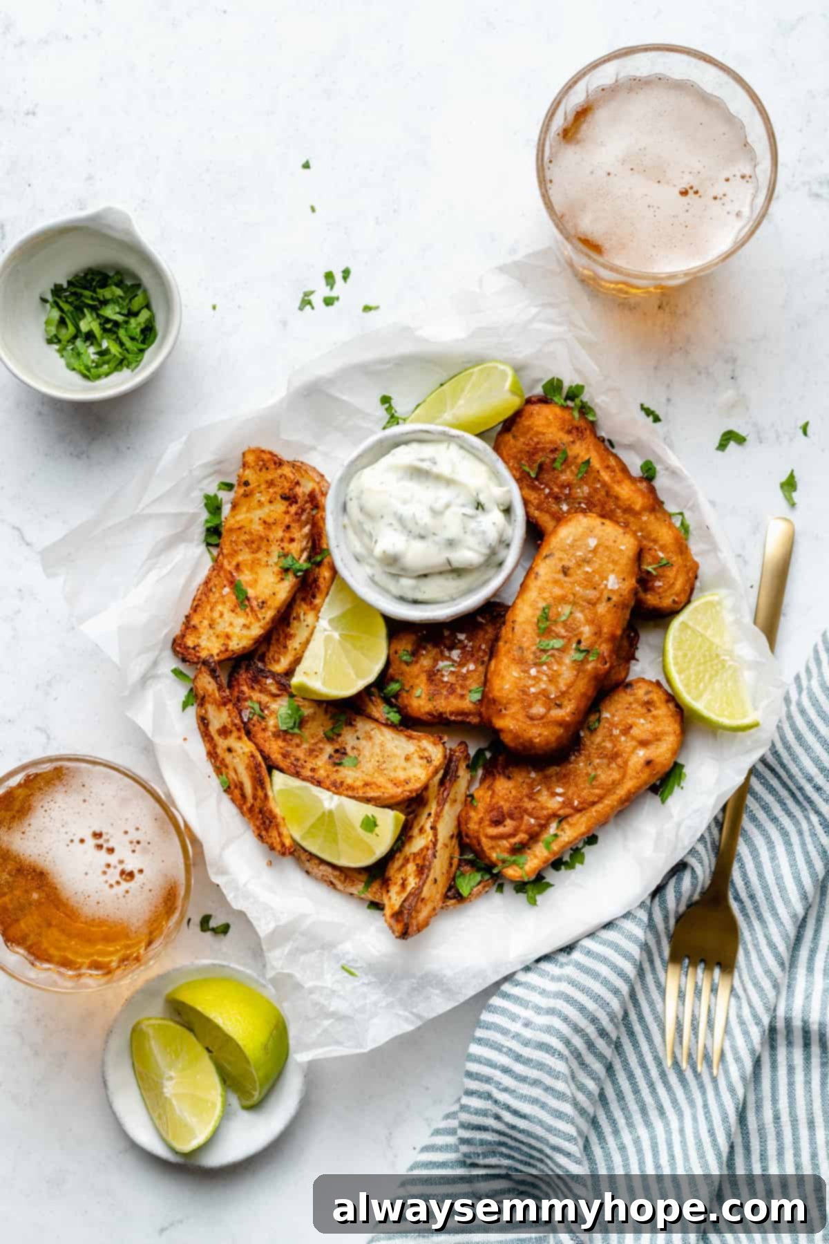 Overhead view of a beautifully plated meal featuring vegan fish sticks, lime wedges, fresh parsley, and glasses of beer.