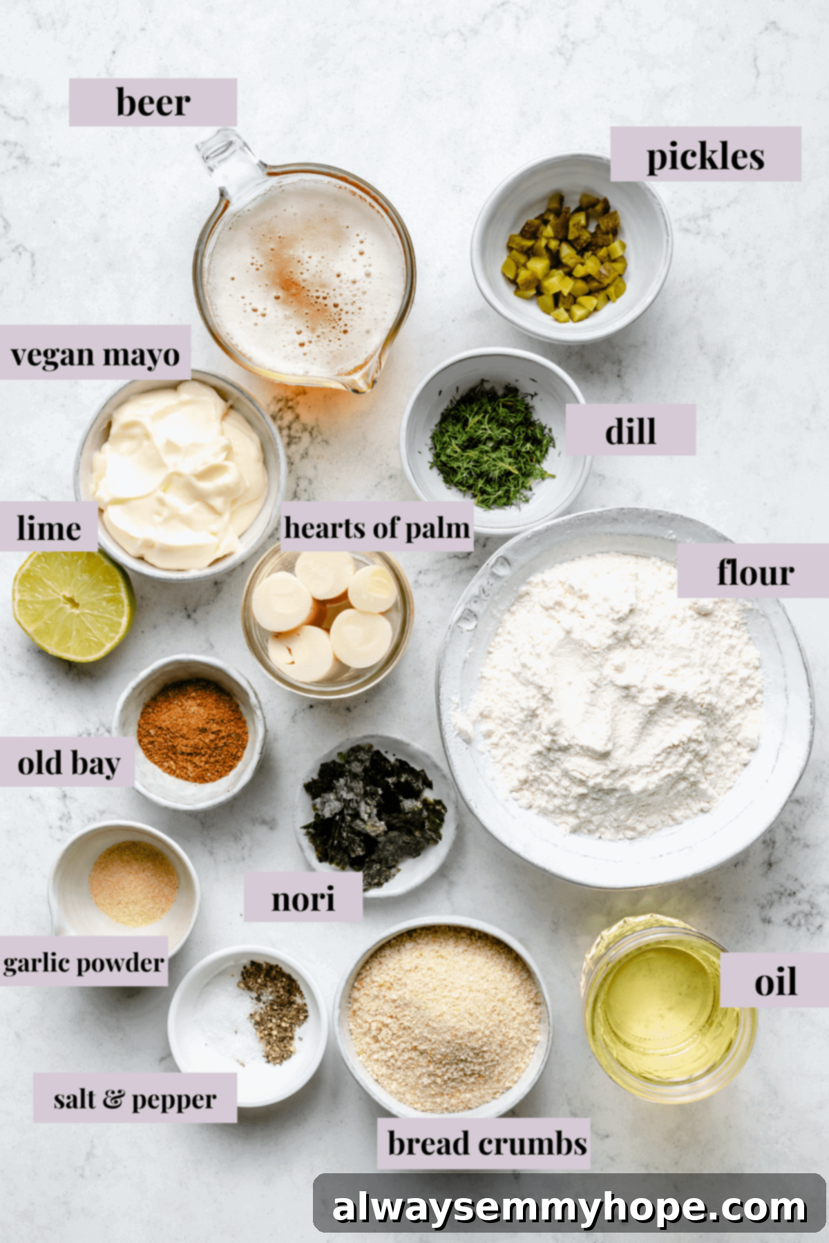 Overhead view of the core ingredients for making vegan fish sticks, including hearts of palm, breadcrumbs, nori, and spices.