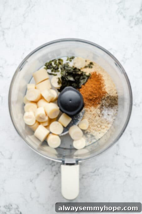 Overhead view of vegan fish stick ingredients being pulsed in a food processor.