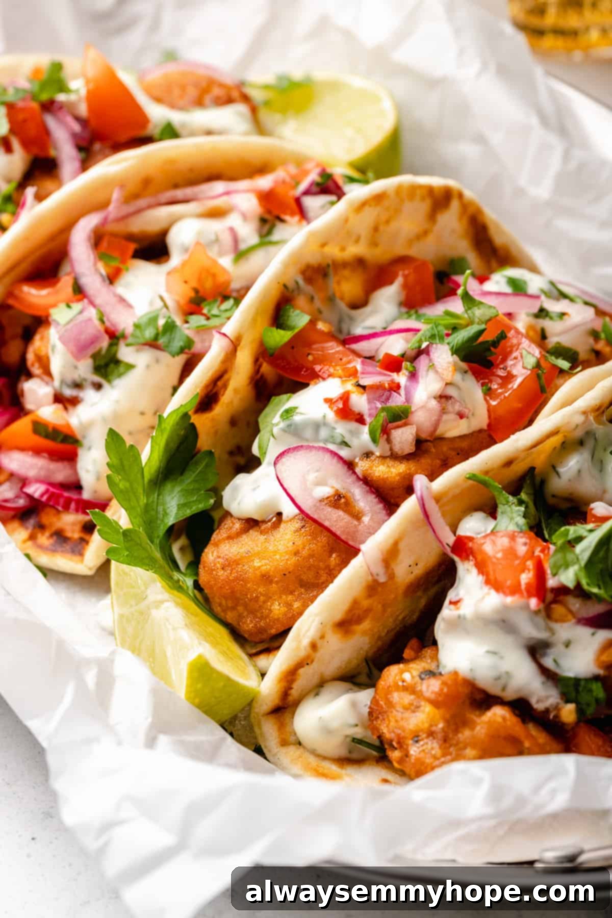 Golden Beer Battered Vegan Fish Tacos 6 Four perfectly assembled vegan fish tacos arranged on a platter lined with white parchment paper, showcasing their crispy texture.