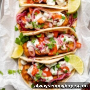 Golden Beer Battered Vegan Fish Tacos 8 Overhead view of vegan fish tacos on platter