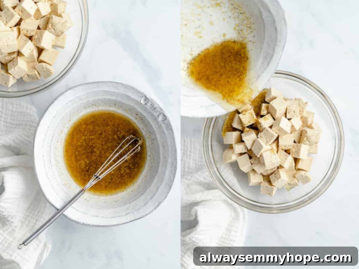 Vegan tofu feta cheese is a quick and easy plant-based substitute that needs only 6 ingredients. Enjoy it on salads, sandwiches, and more! Side by side photos showing the brine whisked in a bowl and the brine being poured over the cubed tofu.