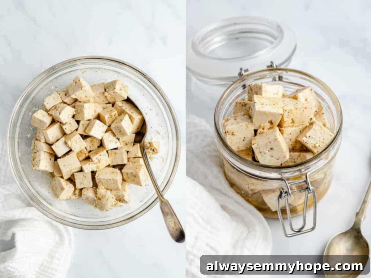 Vegan tofu feta cheese is a quick and easy plant-based substitute that needs only 6 ingredients. Enjoy it on salads, sandwiches, and more! Side by side photos showing the steps to combine the tofu with the brine, and then add the vegan feta to a jar.