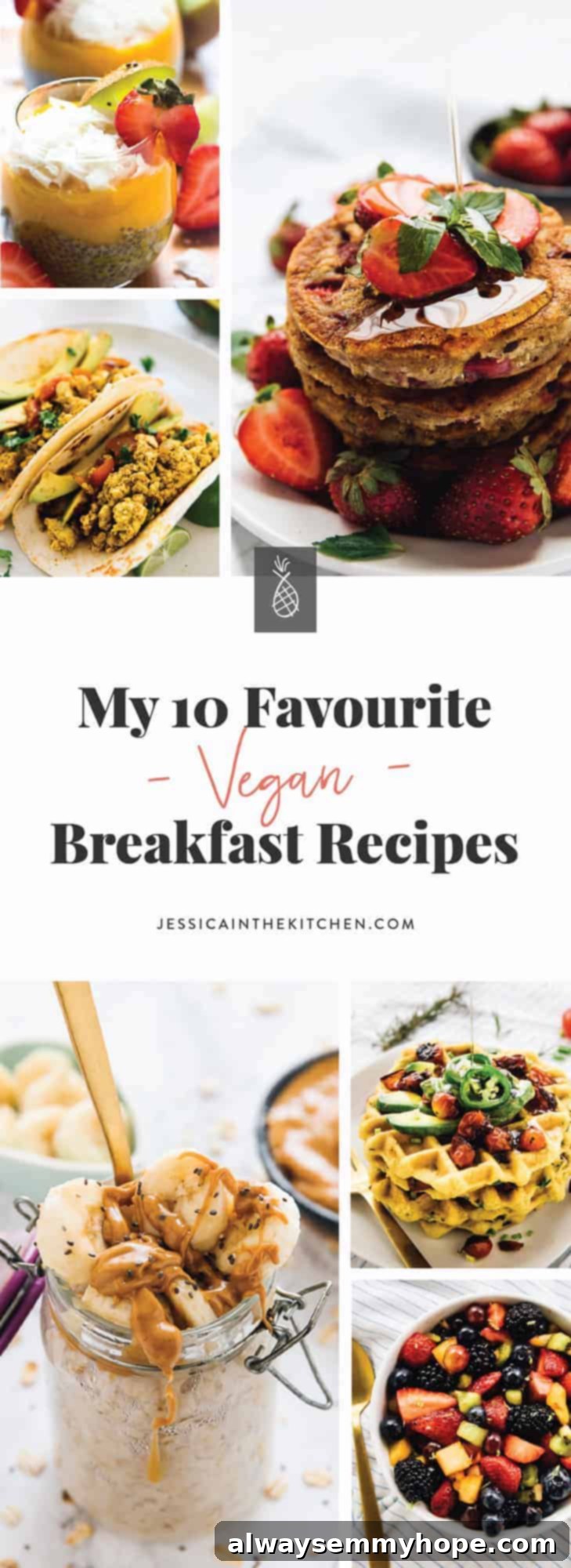 A vibrant montage of various vegan breakfast recipes including fluffy pancakes, savory tofu scramble tacos, creamy overnight oats, and a fresh fruit salad.