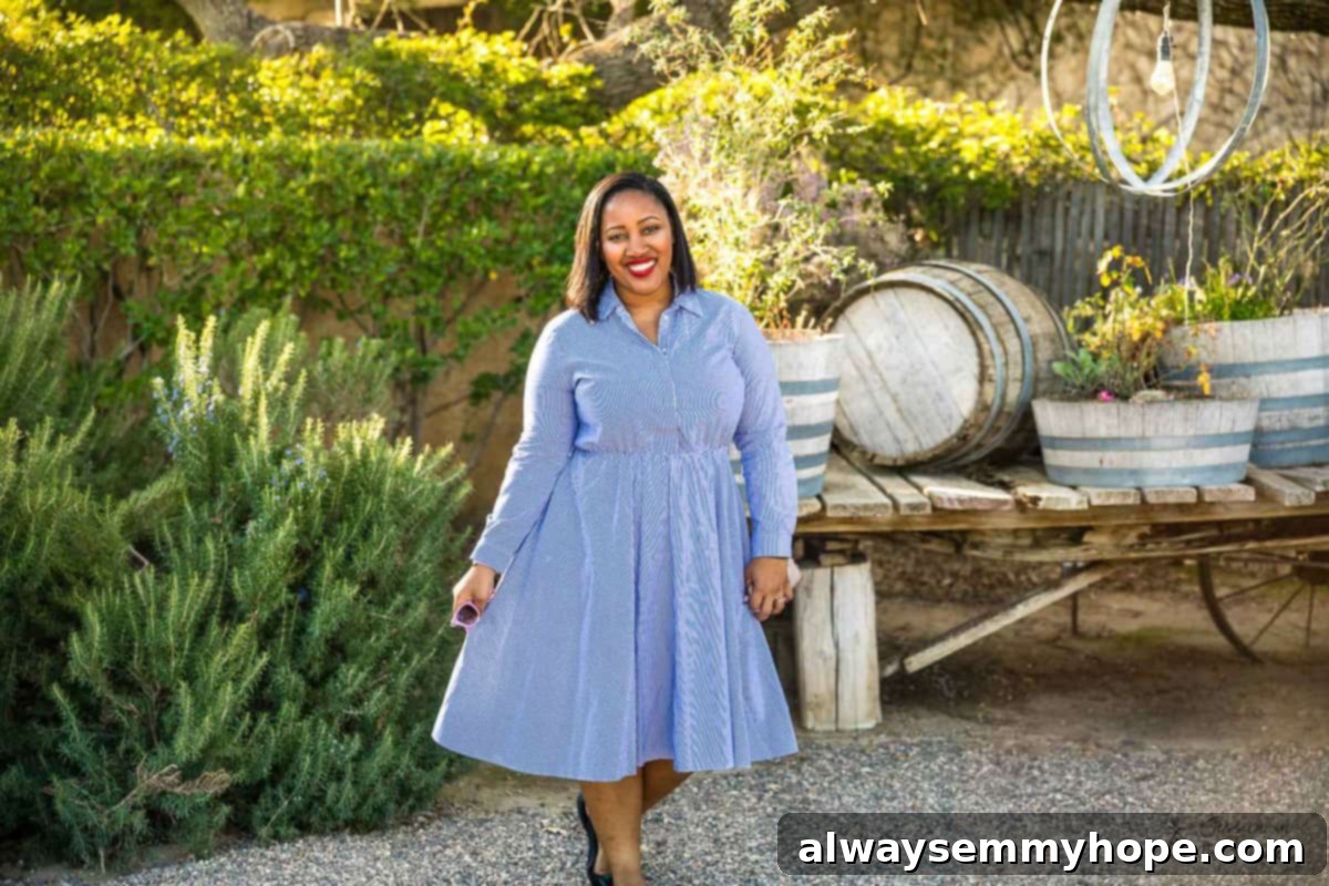 5 Weeks, 5 Lessons: A California Reflection 2 Jessica outside in a vibrant blue dress, smiling confidently under the California sun.