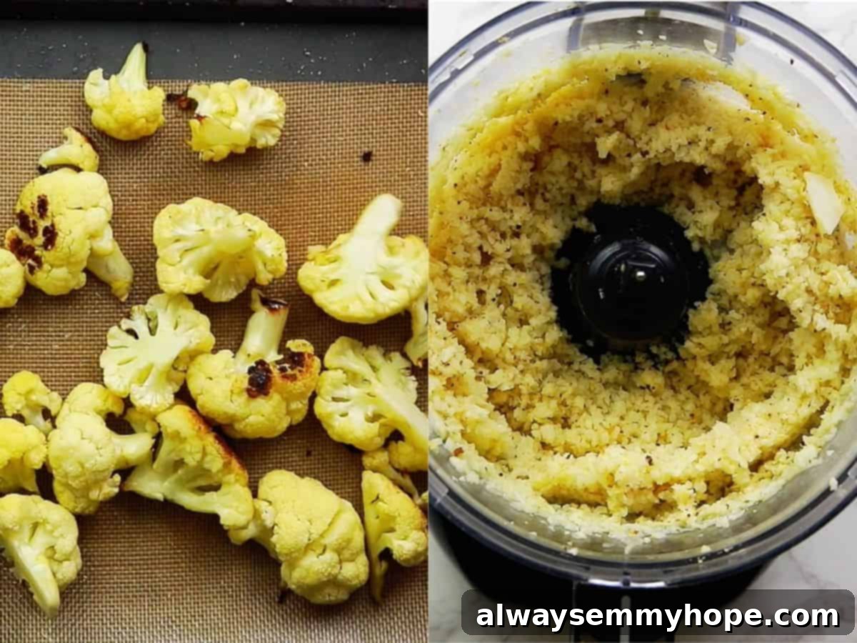 Vegan teriyaki meatballs are easy to make, slathered with flavor-packed homemade teriyaki sauce. Great for dinner, appetizers, or meal prep! Roasted cauliflower bites on the left, and riced cauliflower in a food processor on the right