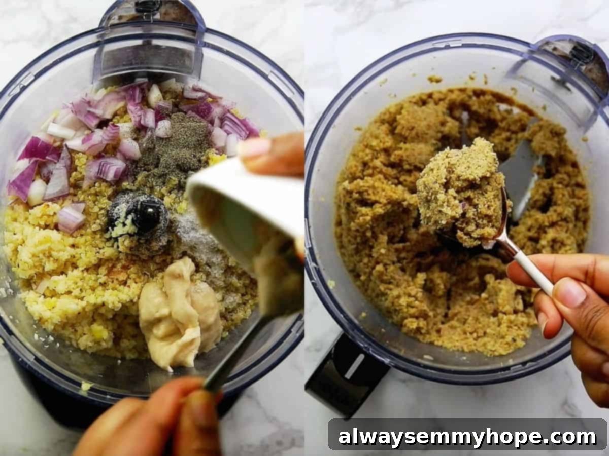 Vegan teriyaki meatballs are easy to make, slathered with flavor-packed homemade teriyaki sauce. Great for dinner, appetizers, or meal prep! Ingredients to make vegan meatballs on the left, pulsed veggie meatball filling on the right