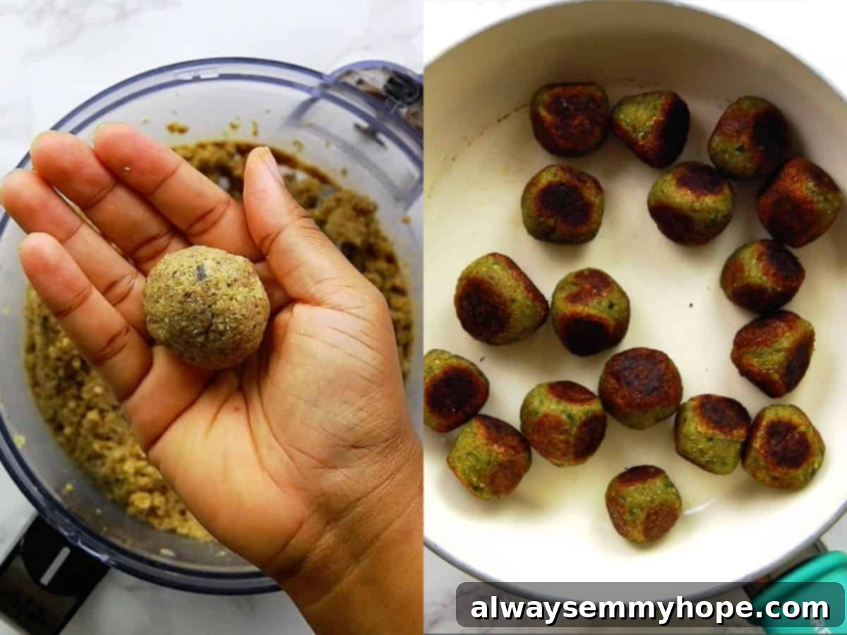 Vegan teriyaki meatballs are easy to make, slathered with flavor-packed homemade teriyaki sauce. Great for dinner, appetizers, or meal prep! A hand holding a vegetarian meatballs on the left, a pan of browned meatballs on the right