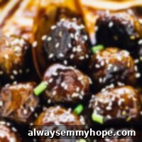 Sweet and Sticky Vegan Meatballs 2 Close up of vegan teriyaki meatballs garnished with sesame seeds in a skillet.