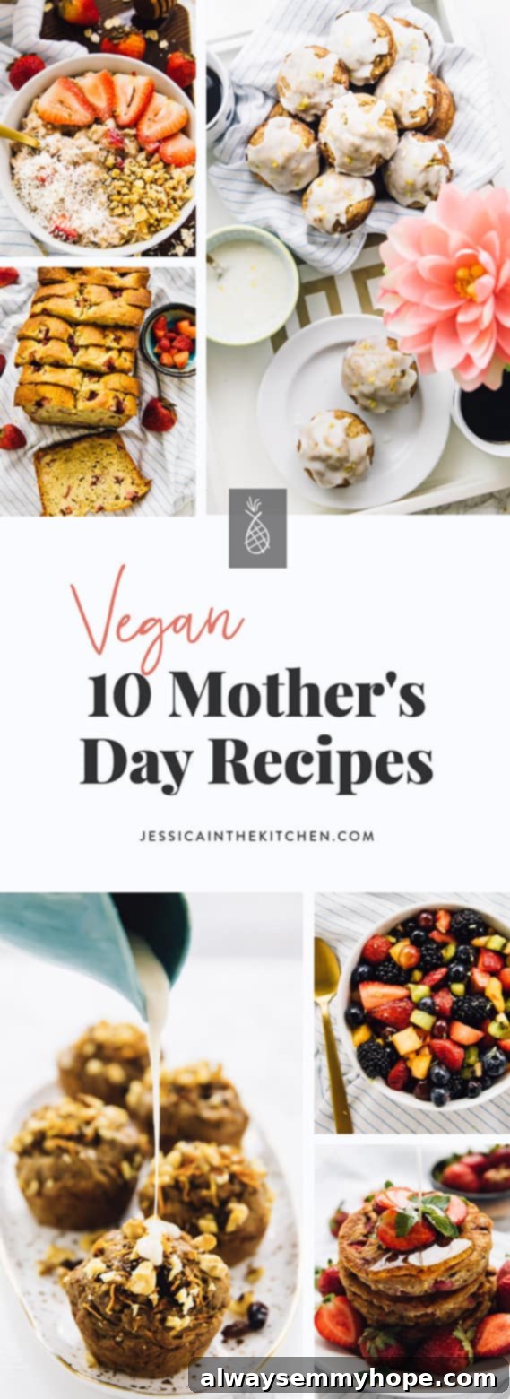 A vibrant collage of delicious vegan Mother's Day recipes, showcasing lemon poppyseed muffins, strawberry banana bread, and various breakfast and brunch dishes.