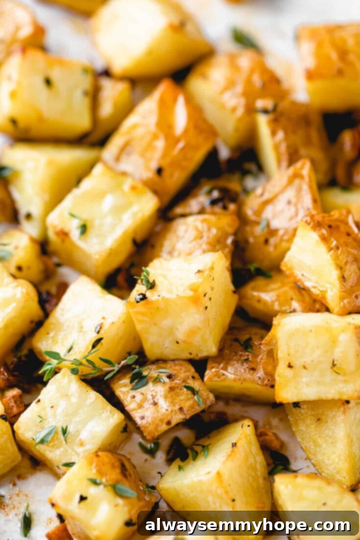 Crispy garlic roasted potatoes, golden-brown and seasoned to perfection.