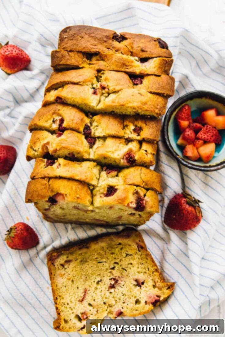 A freshly baked loaf of strawberry banana bread, sliced to show the fruit throughout.