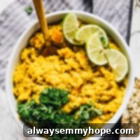 Top down view of gentle morning kitchari in a white bowl.