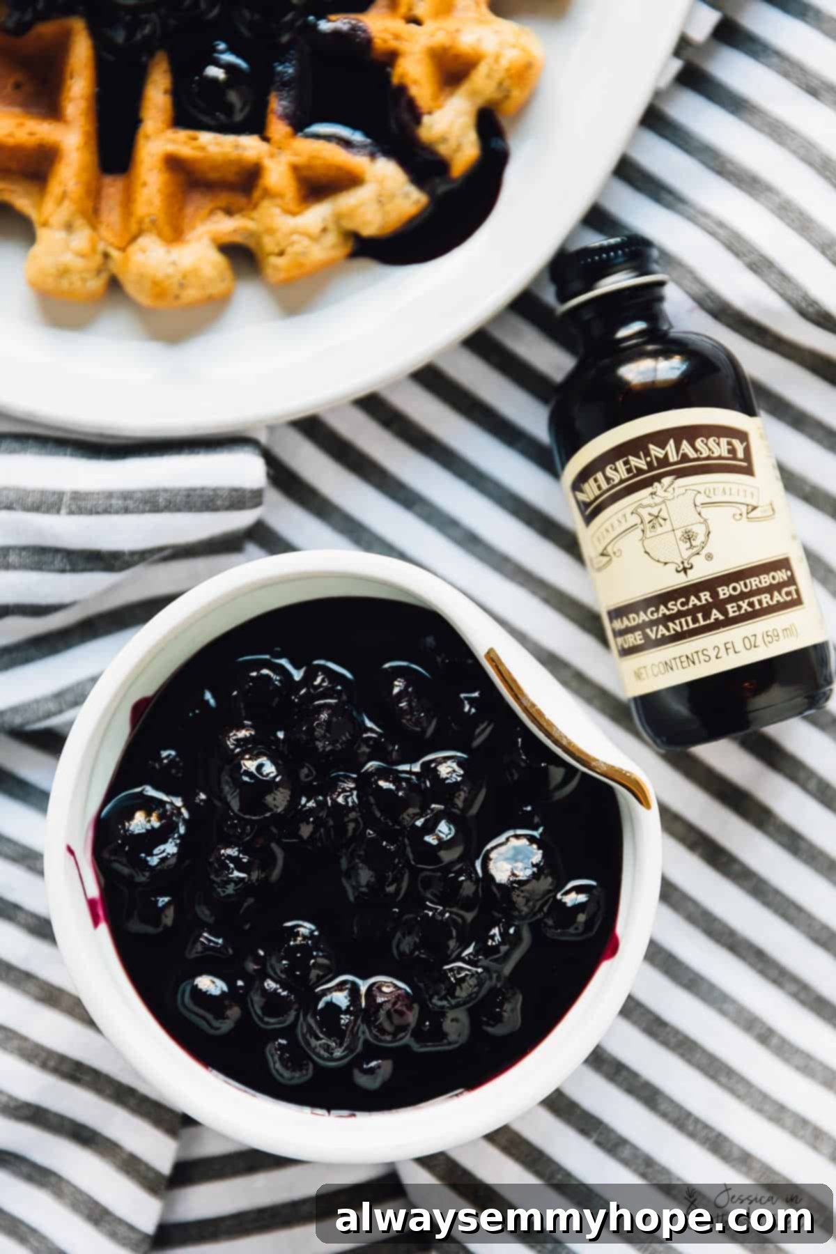 Overhead view of a bowl filled with luscious vanilla blueberry sauce, ready to be poured.