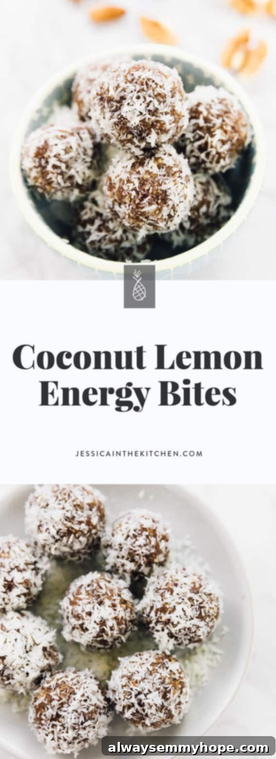 Quick and Zesty Vegan Coconut Lemon Energy Bites 6 A montage of various coconut lemon energy bites photos with descriptive text, ideal for social media sharing.