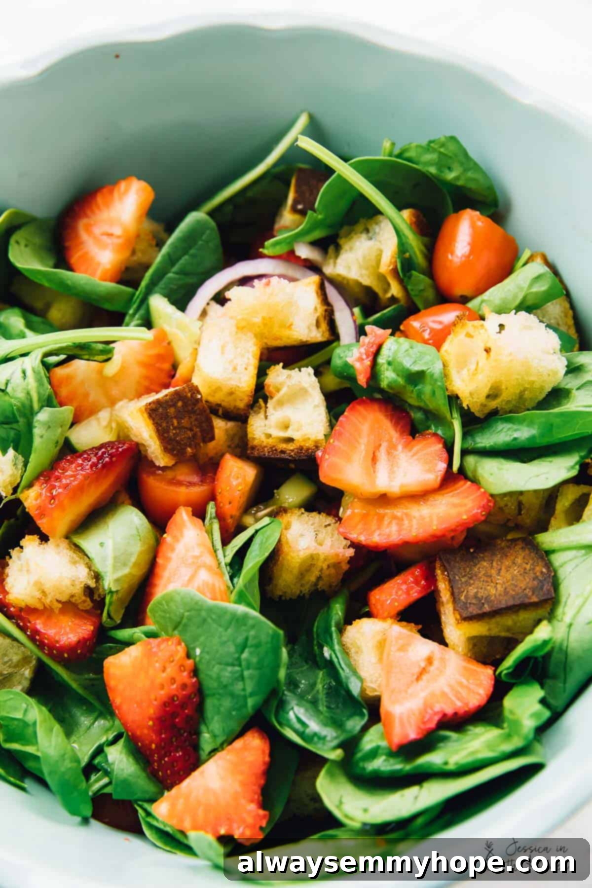 Top down view of a colorful bowl of Strawberry Panzanella Salad, showcasing its fresh ingredients and inviting presentation.