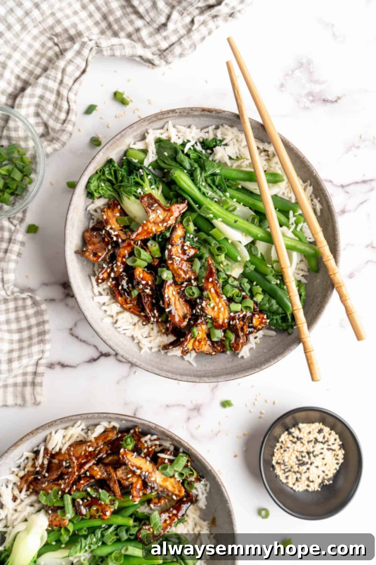 Overhead view of stick sesame shiitakes in bowls with rice and veggies