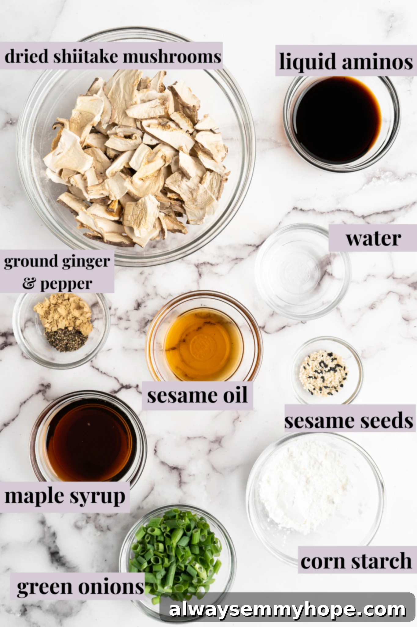 Overhead view of Sticky Sesame Shiitake Mushroom ingredients with labels