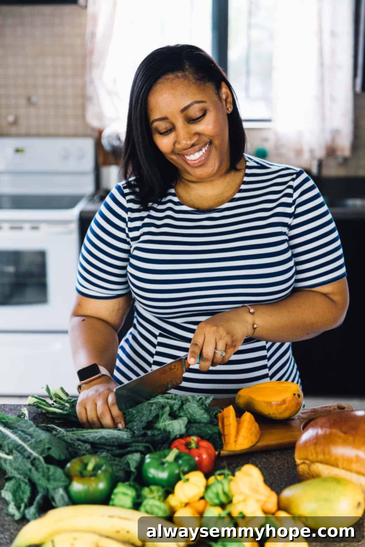 Behind the Plates: A Day with Full-Time Food Blogger Jessica 10 Jessica chopping vegetables in the kitchen.