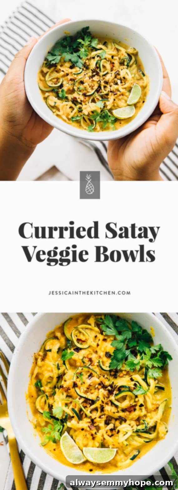 Curried Satay Veggie Power Bowls 6 A collage of two appetizing curried satay veggie bowls with the recipe title superimposed, ideal for pinning.