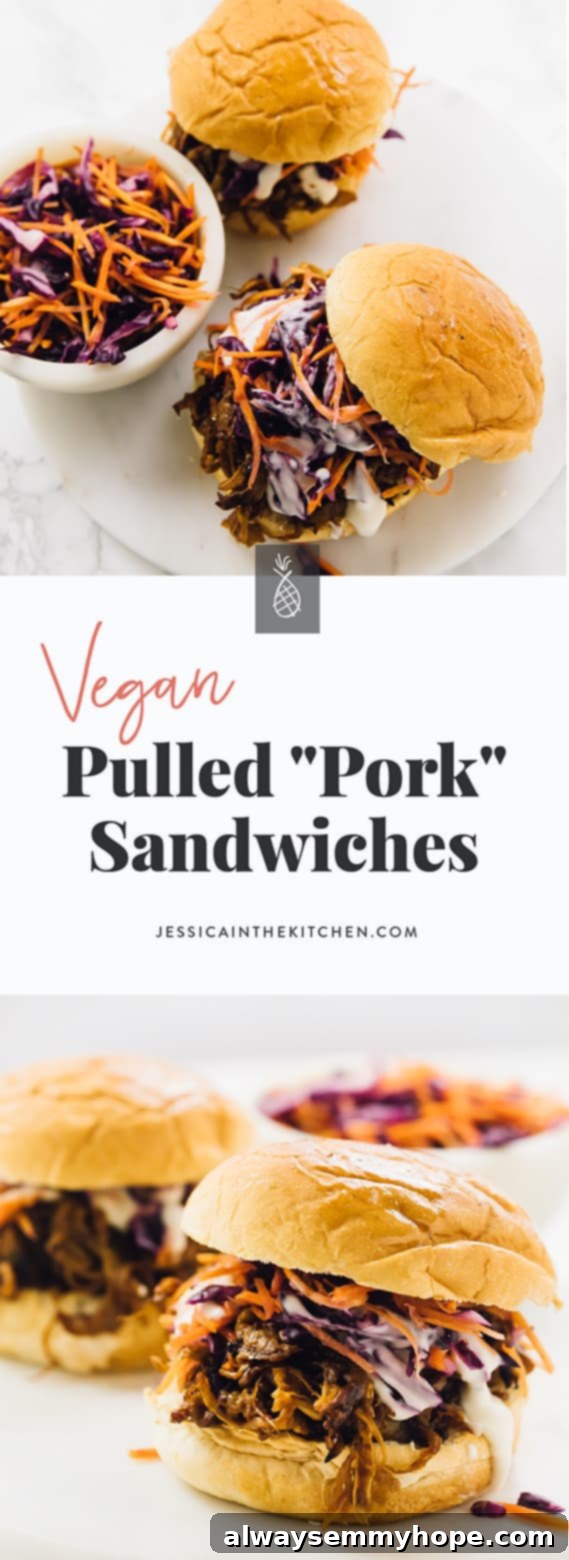 Smoky Vegan Pulled Mushroom Sandwiches 6 A montage of vegan pulled mushroom sandwiches with title text over it.