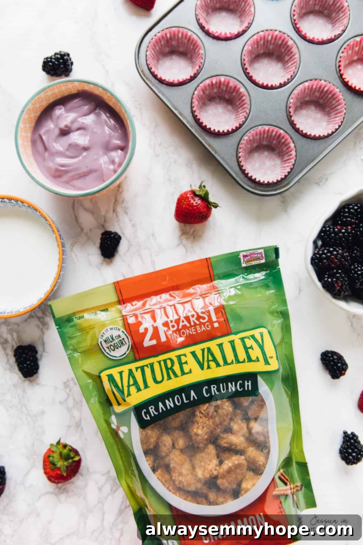 Easy 3-Ingredient Frozen Yogurt Granola Bites 3 Top down view of ingredients for yogurt cups.