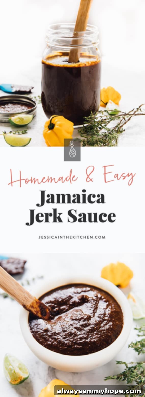 Easy Homemade Jamaican Jerk Sauce 7 Two images of homemade Jamaica jerk sauce featured on a Pinterest pin.