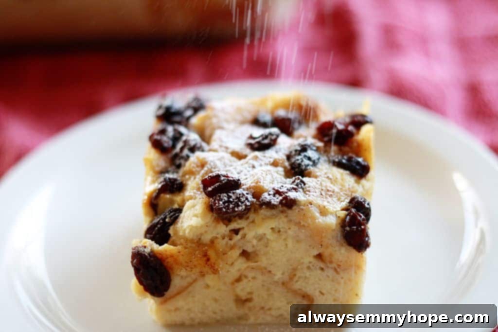 A very traditional bread pudding with raisins, for my brother's birthday! With powdered sugar and rum, this one's sure to please. Sprinkling sugar on slice of pudding.