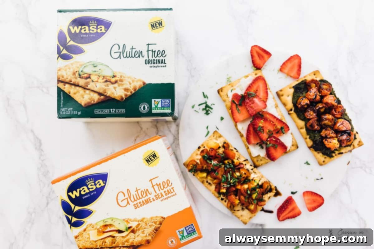 3 Quick and Easy Summer Appetizers With Video 4 A selection of three prepared crispbread appetizers next to packages of Wasa Gluten Free crispbread crackers, highlighting the ready-to-eat aspect.