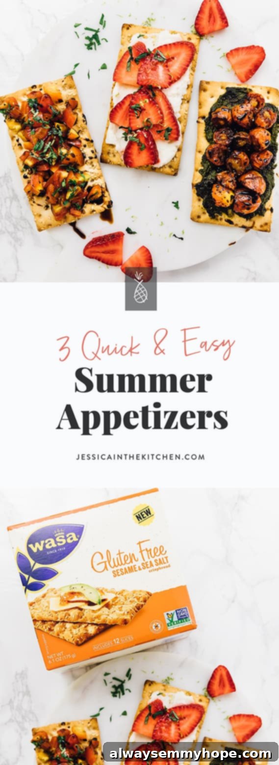 3 Quick and Easy Summer Appetizers With Video 9 A beautifully styled image of the three quick and easy summer appetizers on crispbreads, highlighting their gluten-free and plant-based nature, perfect for social media sharing.