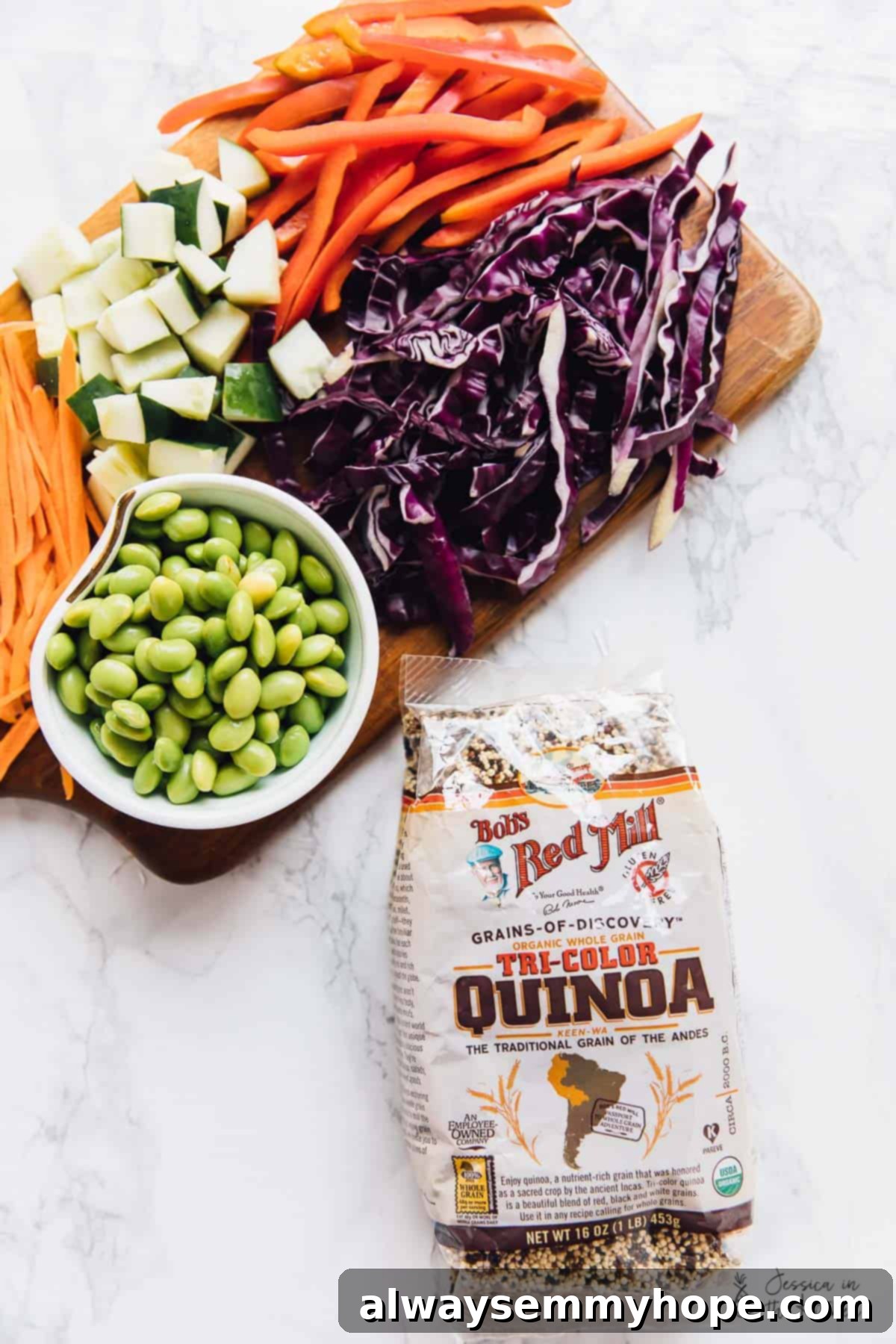 Speedy Sesame Ginger Quinoa Salad 3 Ingredients for Asian quinoa salad, neatly arranged on a counter