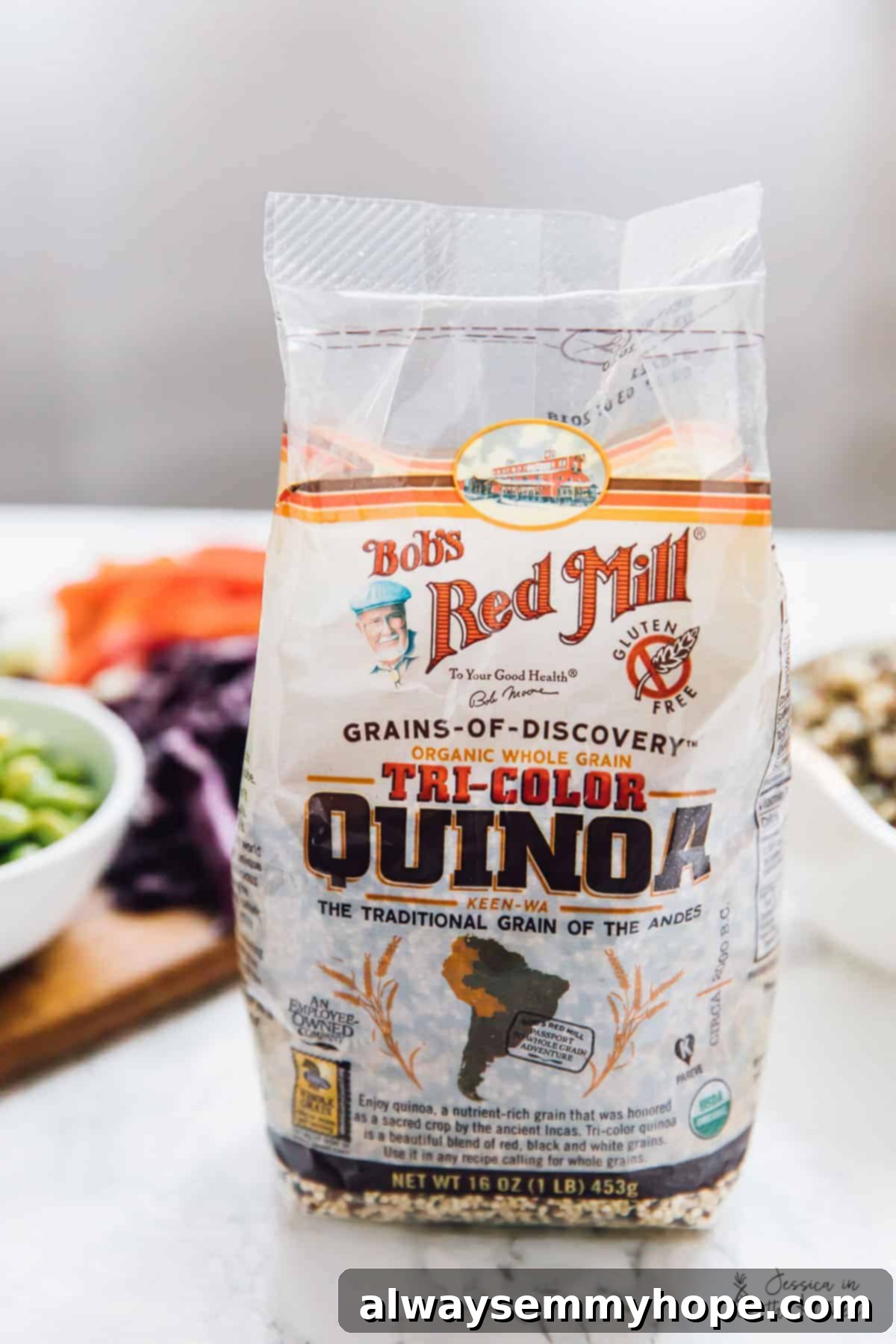 Speedy Sesame Ginger Quinoa Salad 4 Bag of tri-color quinoa, highlighting the diverse grains for the salad