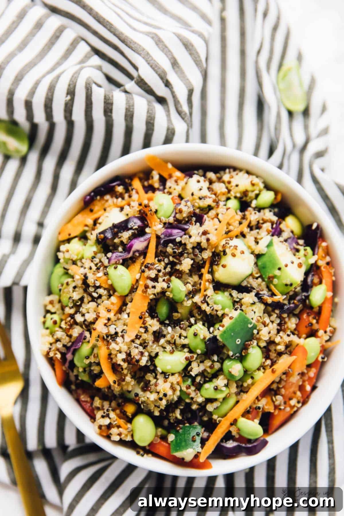 Speedy Sesame Ginger Quinoa Salad 7 Asian quinoa salad in white bowl, a perfectly dressed and delicious vegan dish