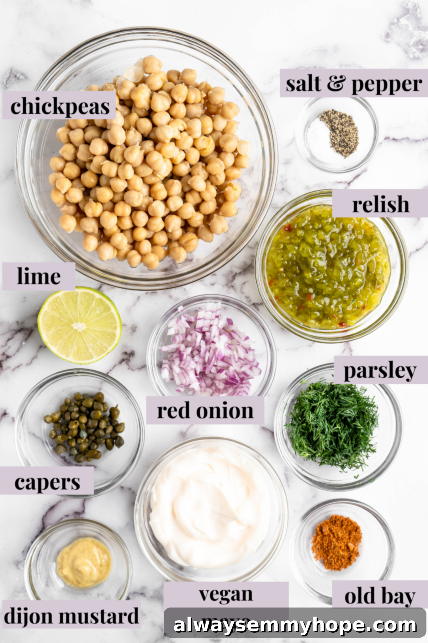Creamy Vegan Chickpea Tuna Salad 3 Overhead view of ingredients for chickpea tuna salad
