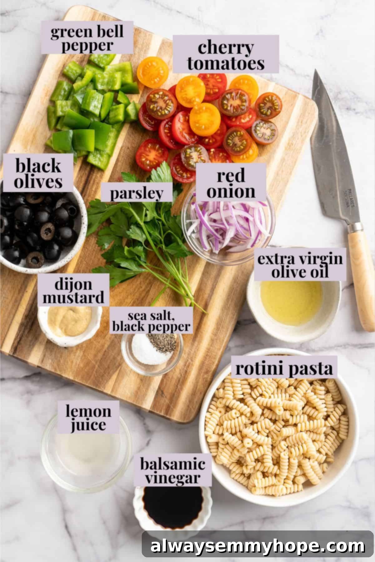 Fresh ingredients for a speedy vegan pasta salad. Overhead view of fresh ingredients laid out for 15-minute vegan pasta salad preparation: rotini, bell pepper, cherry tomatoes, parsley, olives, red onion, and vinaigrette components.